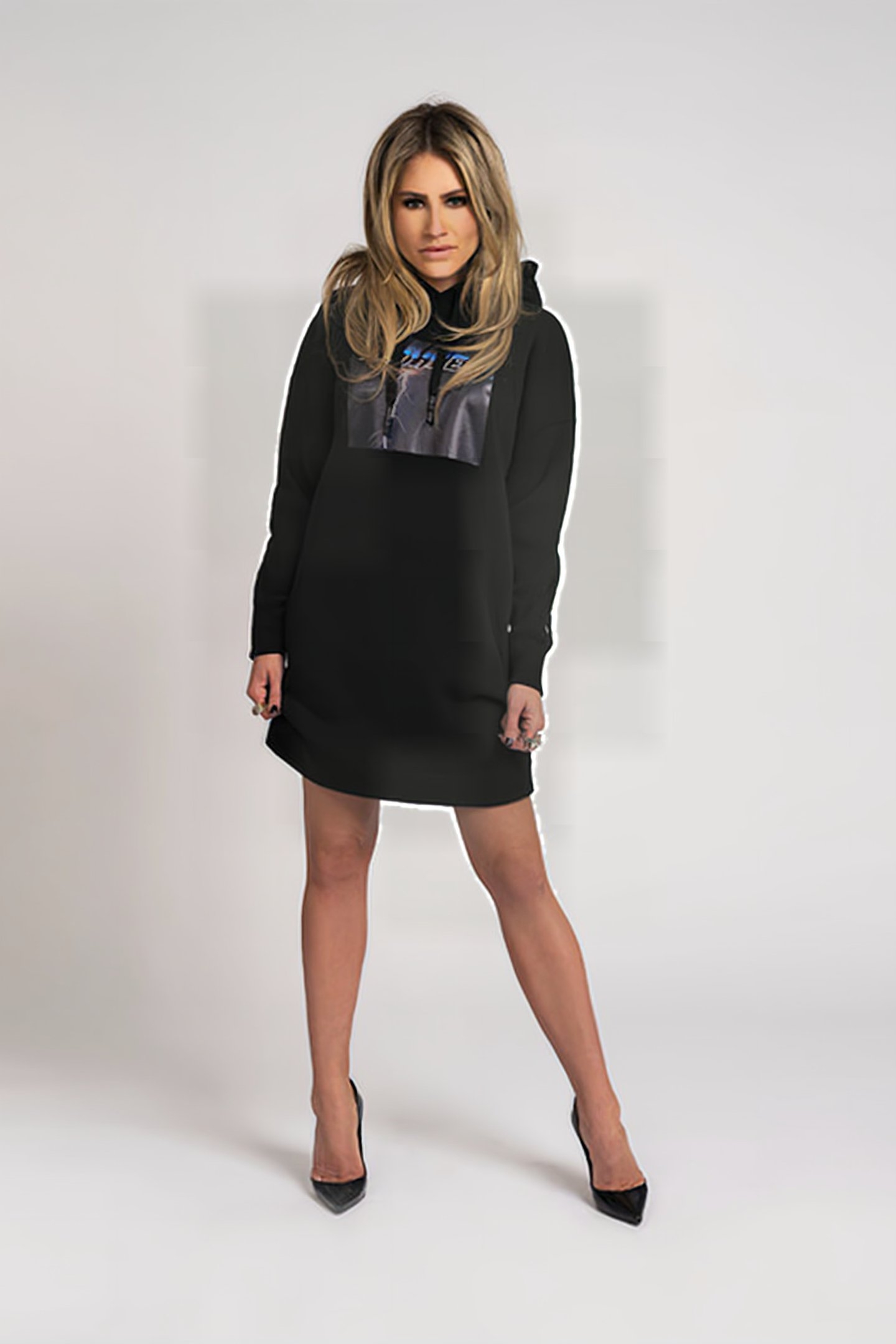 THUNDER PHOTO HOODIE DRESS BLACK 3