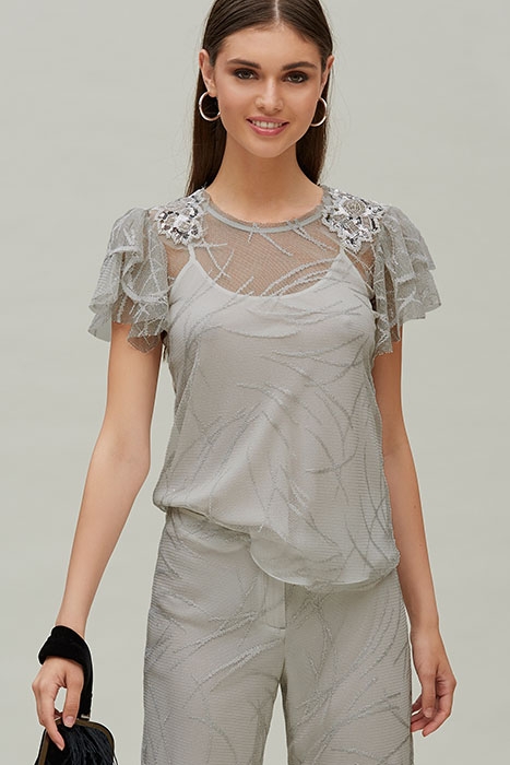 FLOUNCED SLEEVES TOP LUREX TULLE SILVER/GREY 1