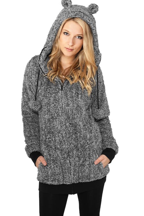 LADIES MELANGE TEDDY ZIP HOODY BLK/WHT 2