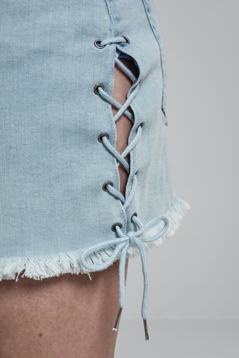 LADIES DENIM LACE UP SKIRT BLUE BLEACHED 7