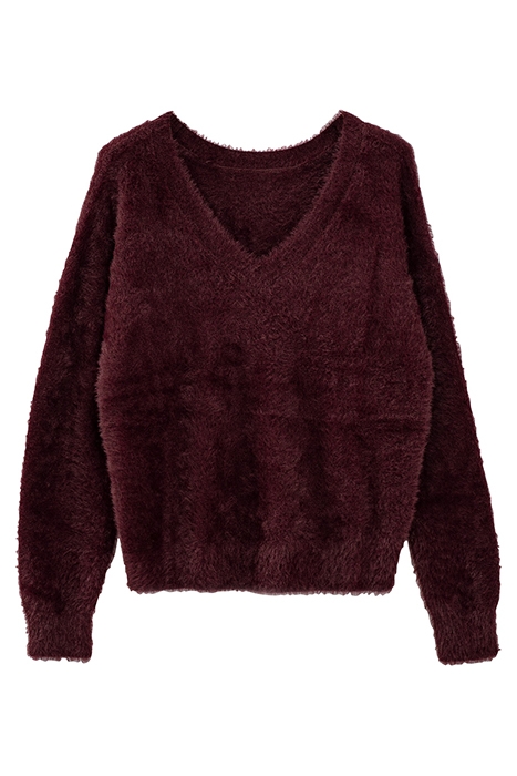 BURGUNDY FLUFFY KNIT V-NECK SWEATER 1