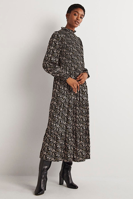 SMOCKED TIERED MIDI DRESS BLK 1