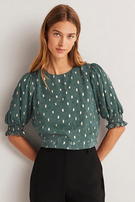 CROPPED METALLIC SMOCKED TOP MOS 1