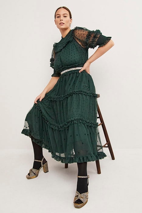 TULLE RUFFLE MIDI PARTY DRESS GRN 2