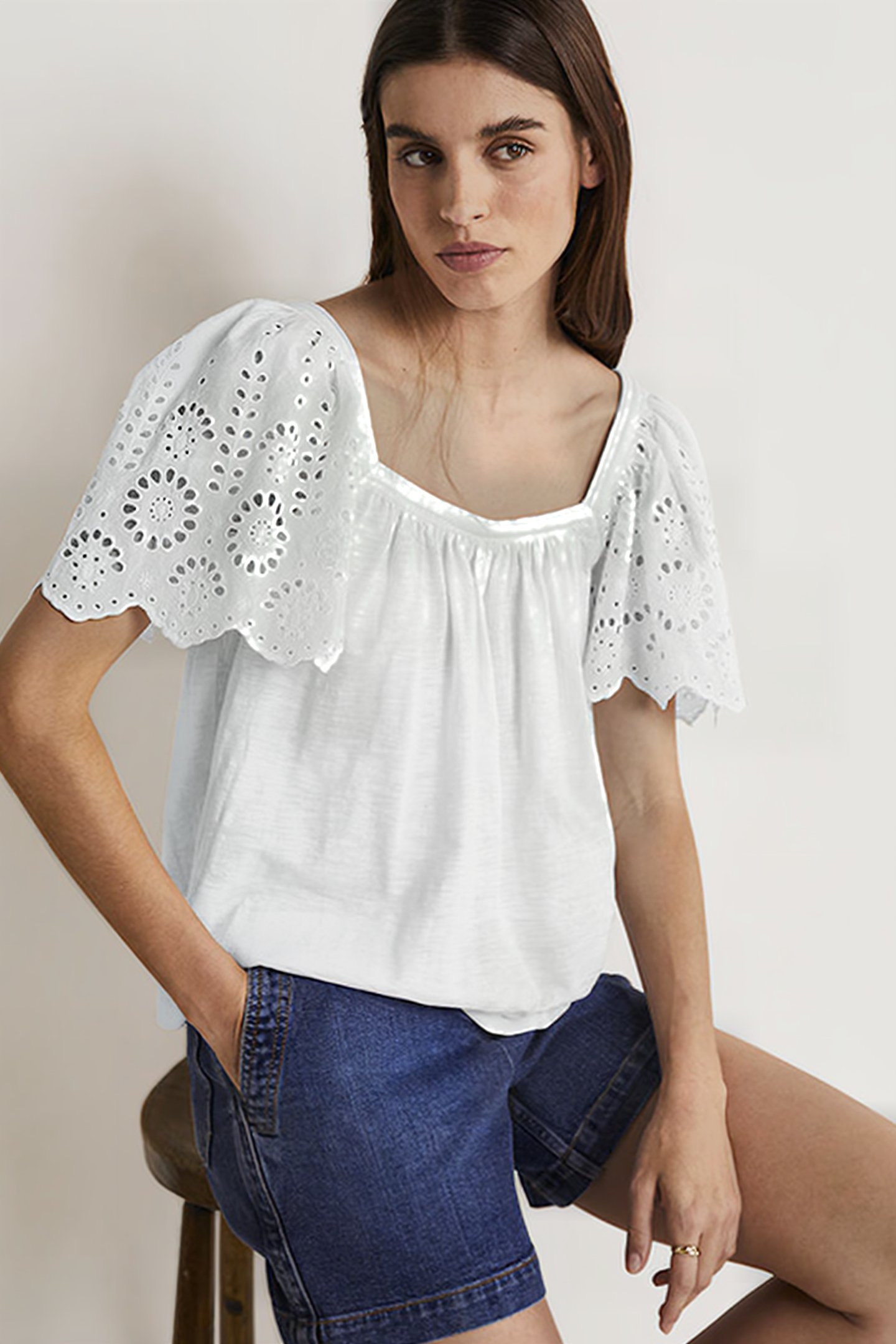 SQUARE NECK WOVEN SLEEVE TOP WHT 1