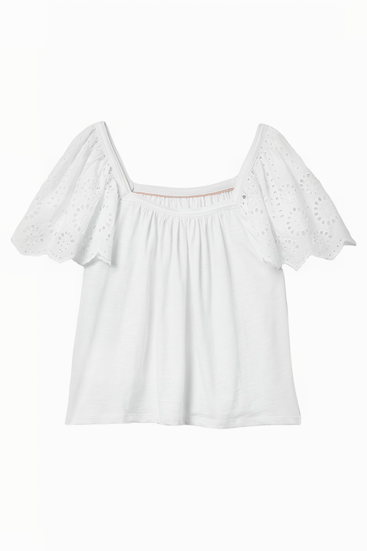 SQUARE NECK WOVEN SLEEVE TOP WHT 6