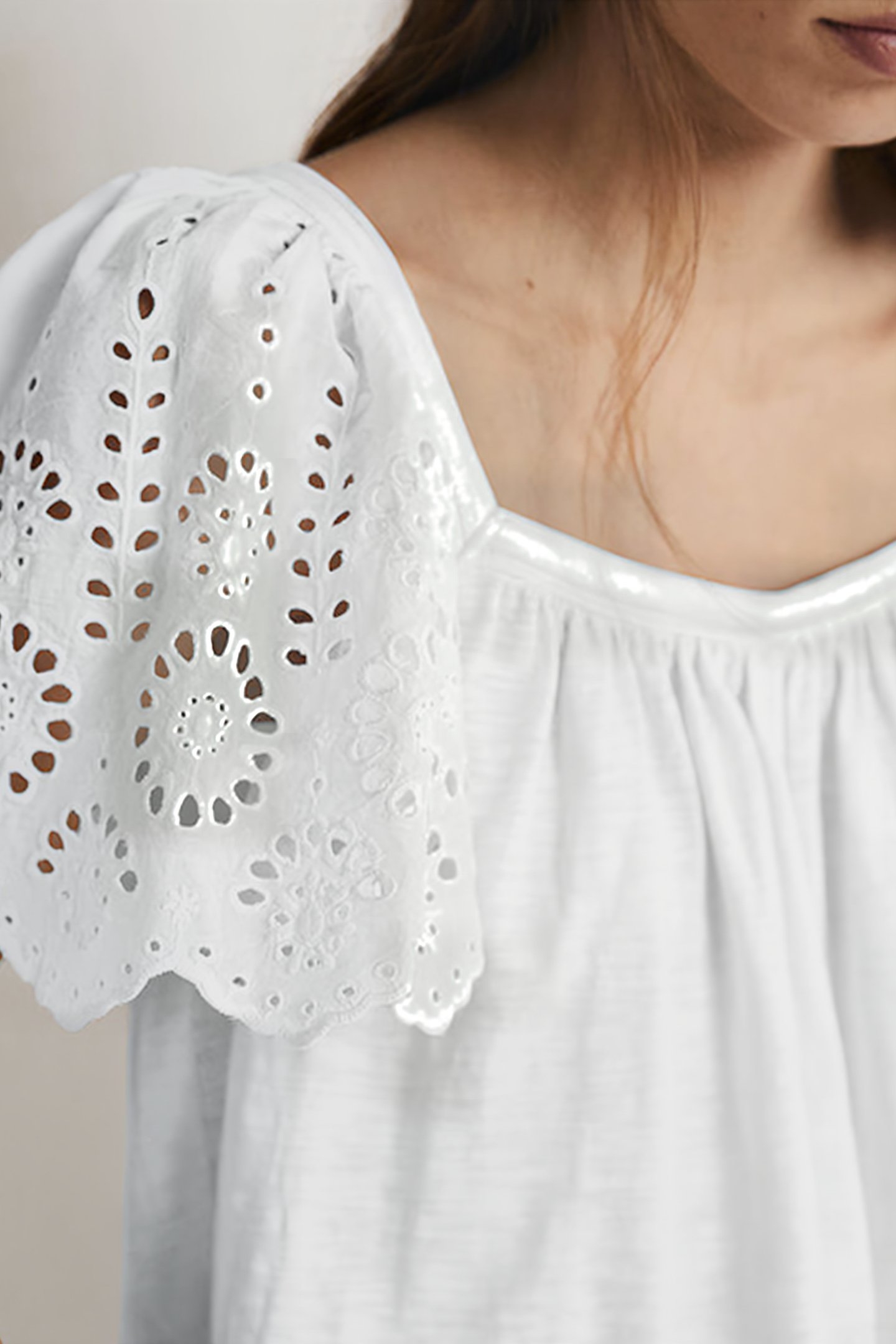 SQUARE NECK WOVEN SLEEVE TOP WHT 5