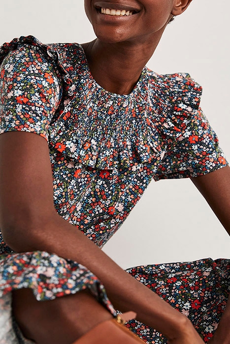 SMOCKED YOKE JERSEY MIDI DRESS NVY 4