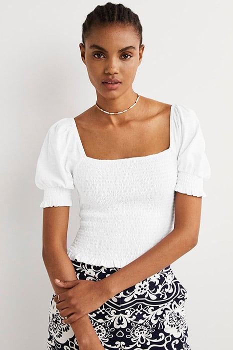 SQUARE NECK SMOCKED JERSEY TOP WHT 1