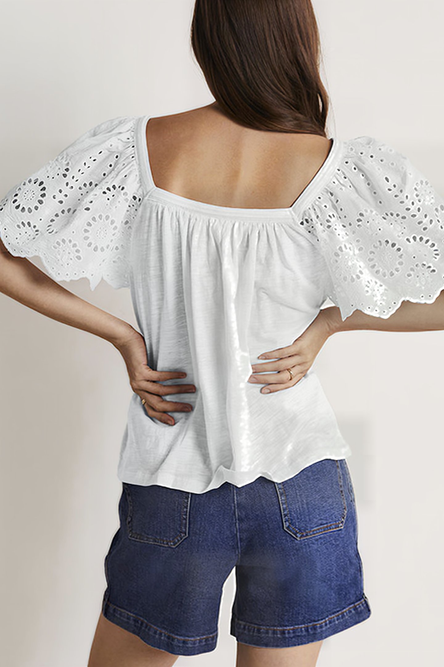 SQUARE NECK WOVEN SLEEVE TOP WHT 2