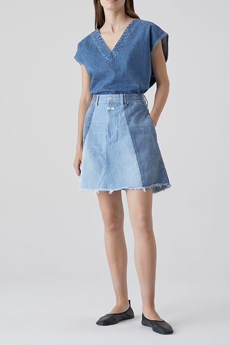 WOMEN DENIM PATCHWORK SKIRT MID BLUE 4