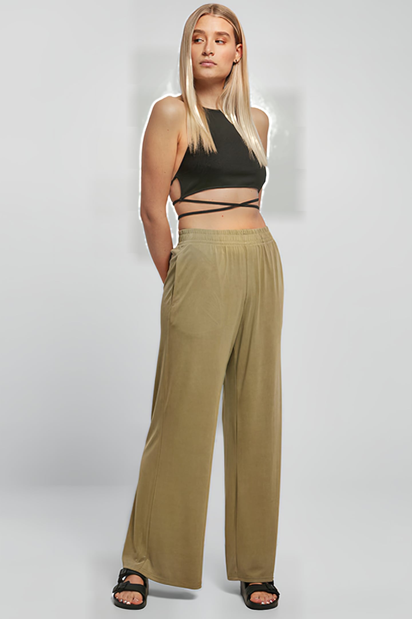 LADIES MODAL WIDE LEG PANTS KHAKI 4