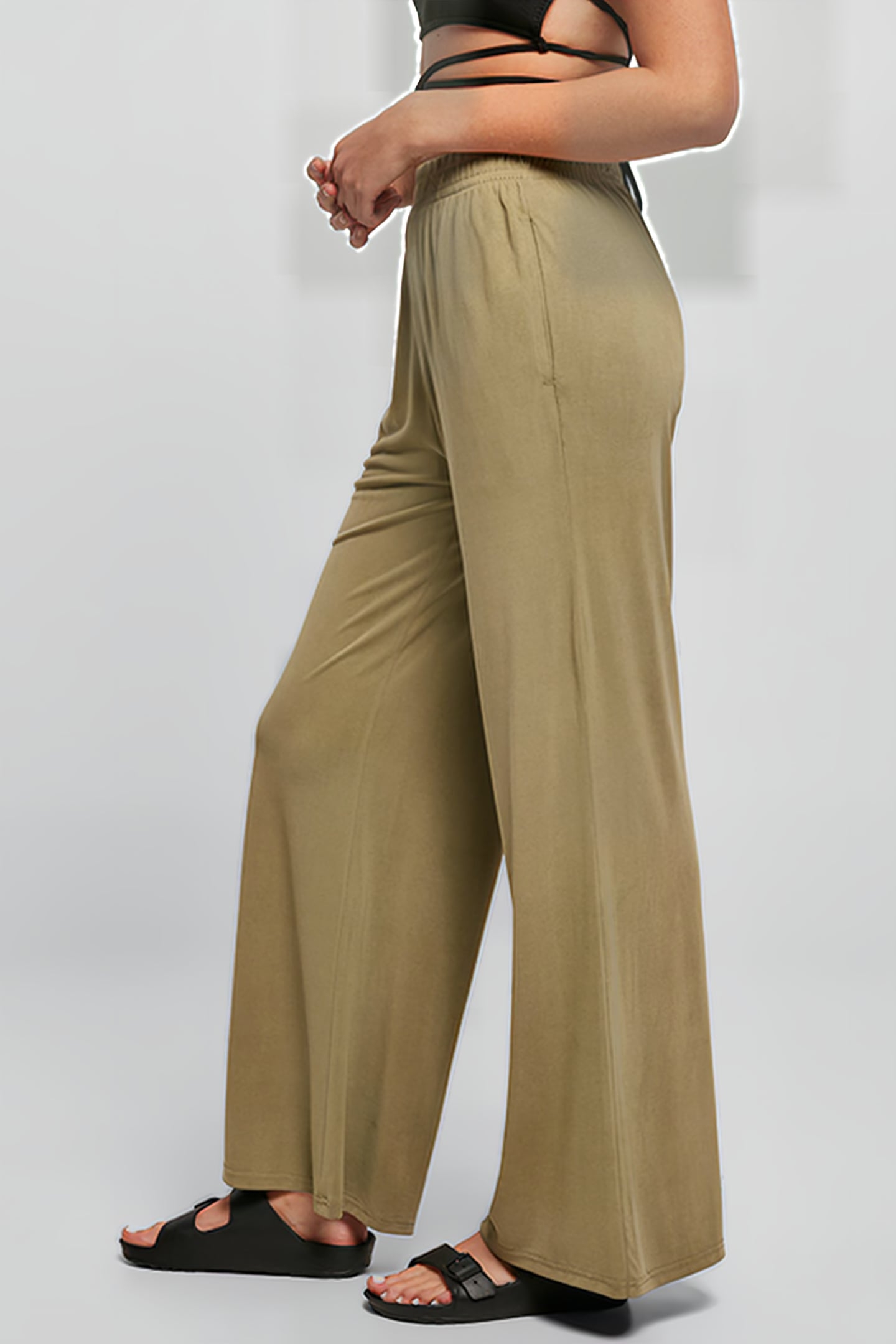 LADIES MODAL WIDE LEG PANTS KHAKI 5