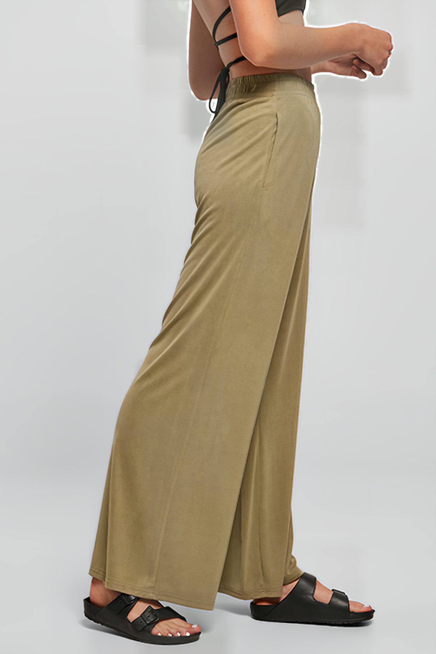 LADIES MODAL WIDE LEG PANTS KHAKI 6