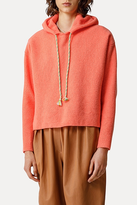 SOFT PURE WOOL RIB STITCH HOODIE SWEATER ORANGE 2