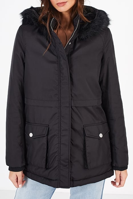 BLACK FUR-LINED HOODED PADDED JACKET 1
