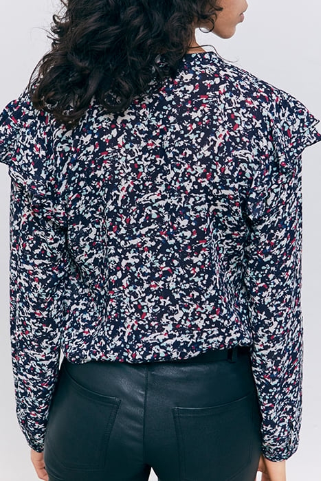 NAVY TACHIST PRINT BLOUSE WITH RUFFLED SHOULDERS 2