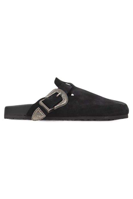BLACK SUEDE CLOGS WITH ENGRAVED BUCKLES 1