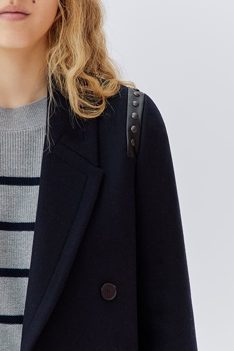 NAVY WOOL FABRIC STUDDED STRAIGHT COAT 5