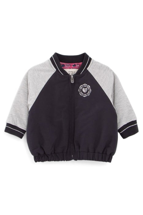 BABY GIRLS’ NAVY BASEBALL JACKET WITH GREY LUREX SLEEVES 1