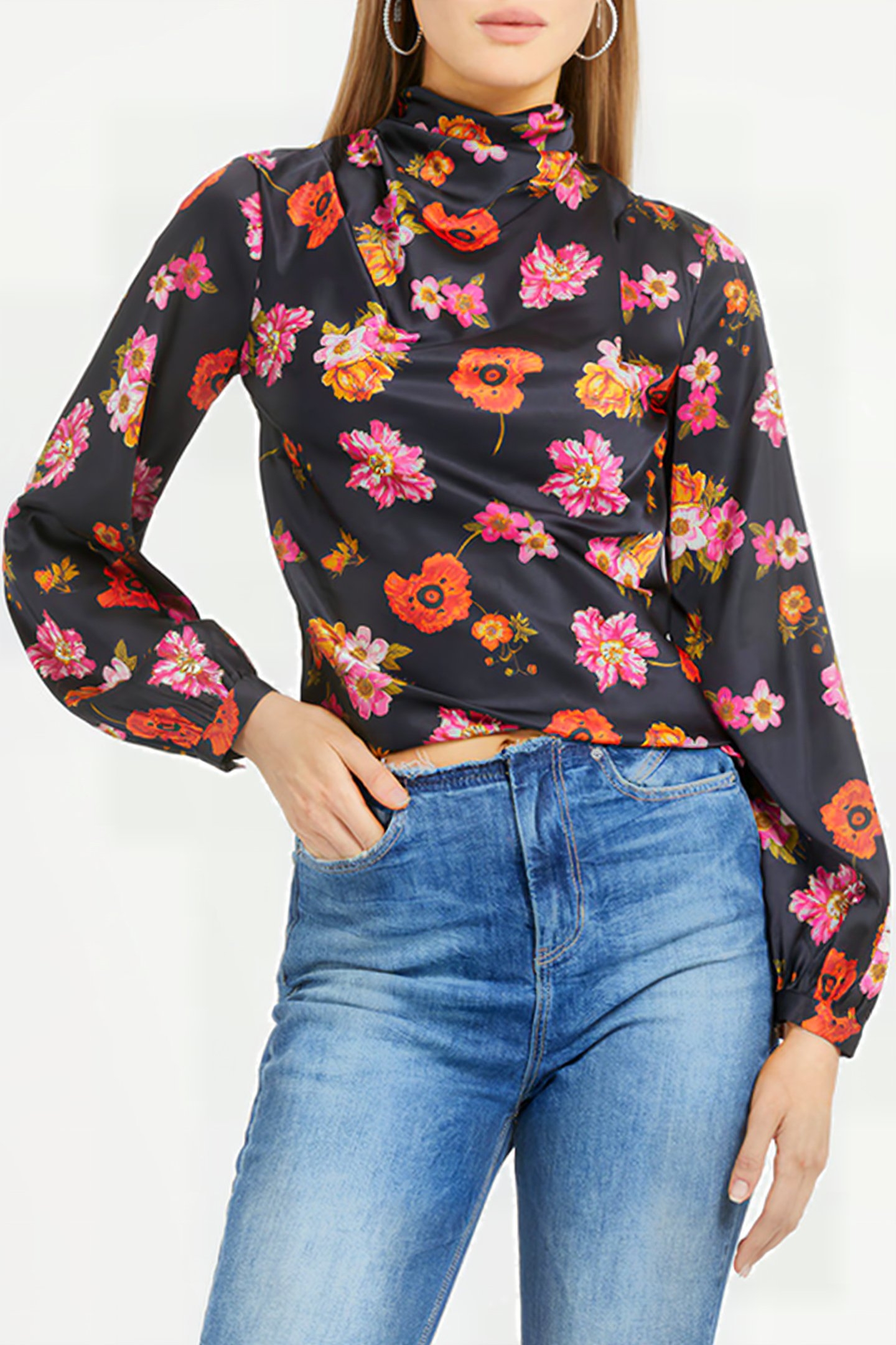 GUESS ECO LS GUDULE TOP FLORAL BLACK GROUND 1