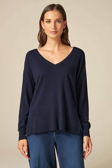 CASHMERE BLEND V-NECK SWEATER WITH RHINESTONES BLUE 1