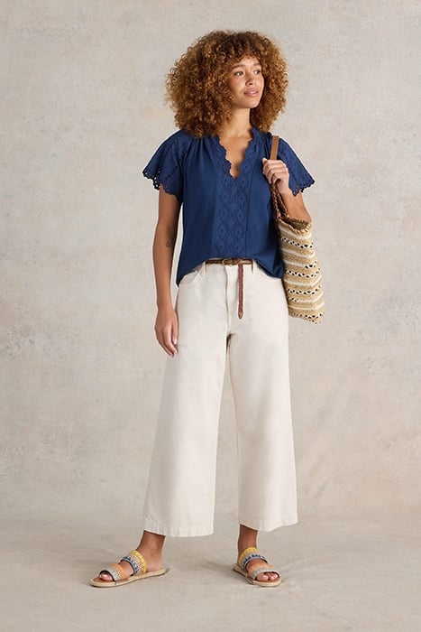 FLUTTER SLEEVE BRODERIE TOP FRENCH NAVY 1