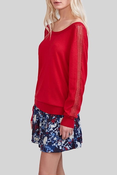 RED KNIT CARDIGAN WITH GUIPURE LACE SLEEVES 4