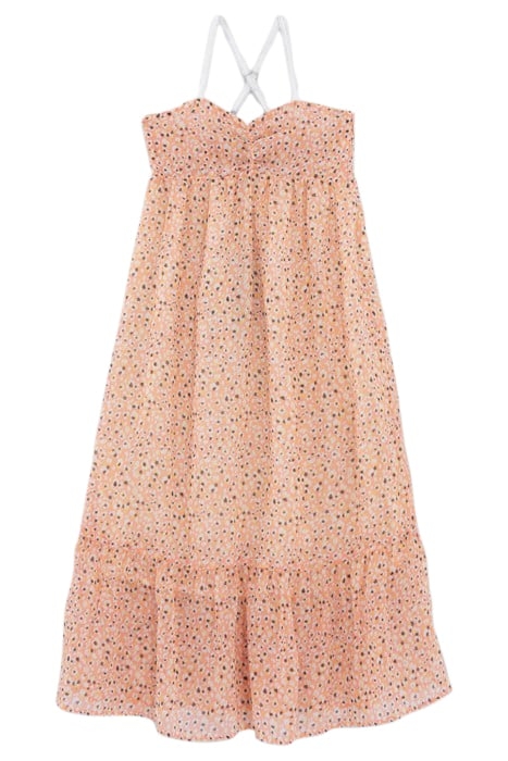 GIRLS' PEACH LONG DRESS WITH FLOWER TACHIST PRINT 1