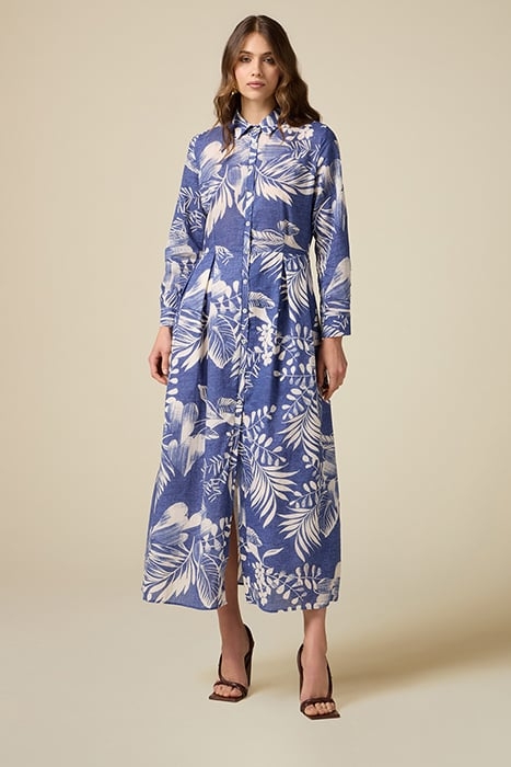 PATTERNED COTTON LONG CHEMISIER DRESS BLUE 1