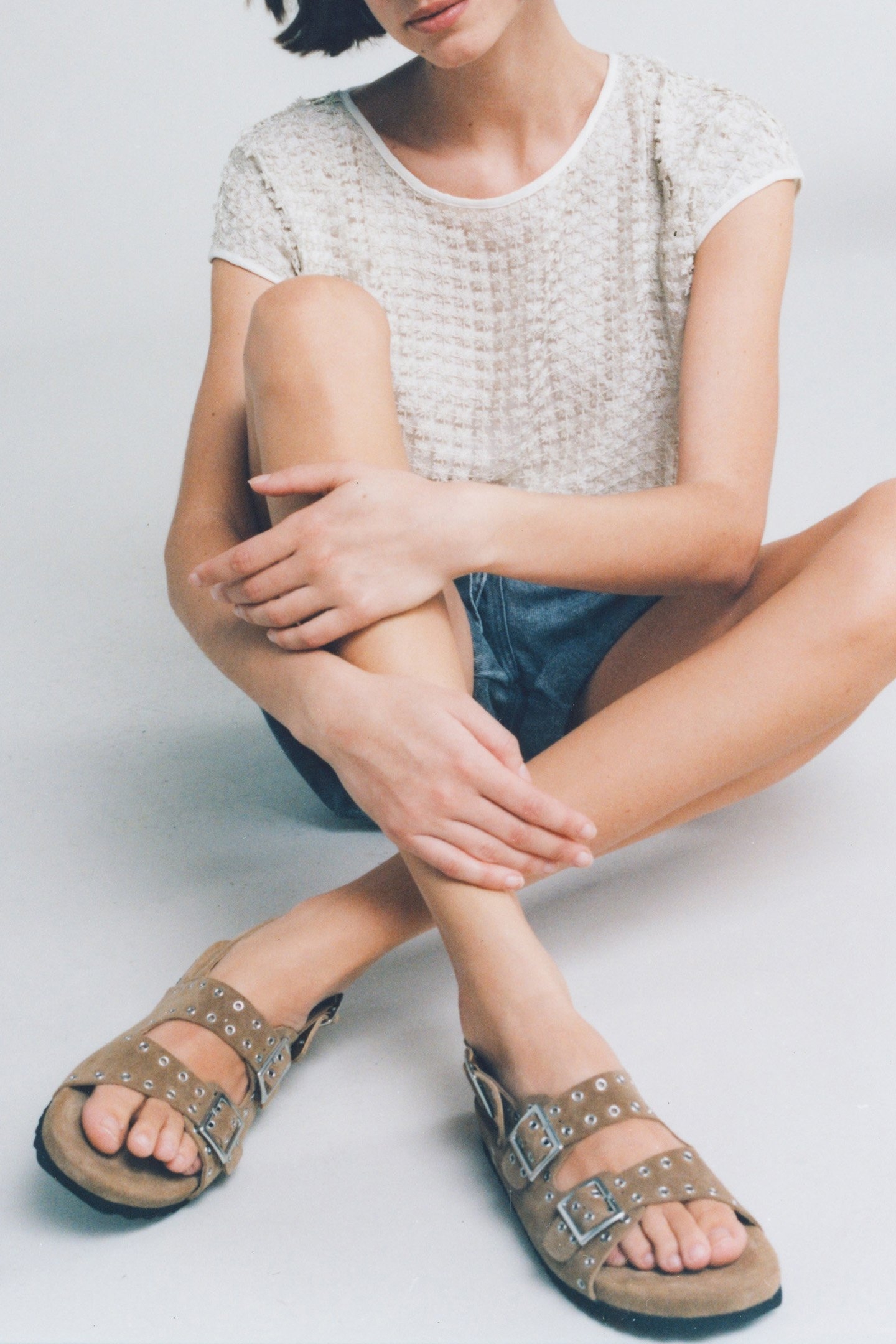 SAND SUEDE SANDALS WITH EYELET STRAPS 2