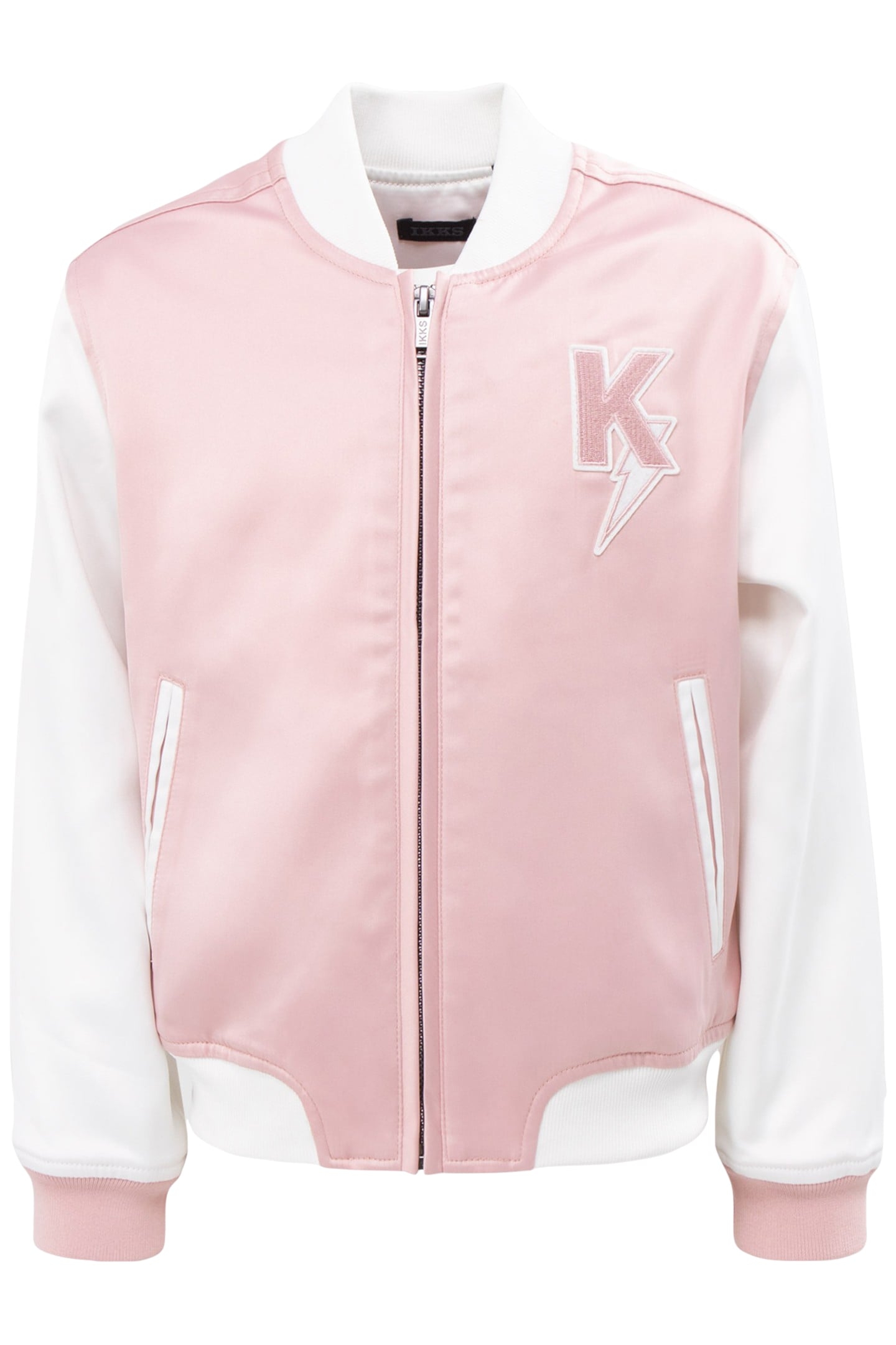 GIRLS’ PINK/WHITE VARSITY JACKET, BADGES AND EMBROIDERY 1