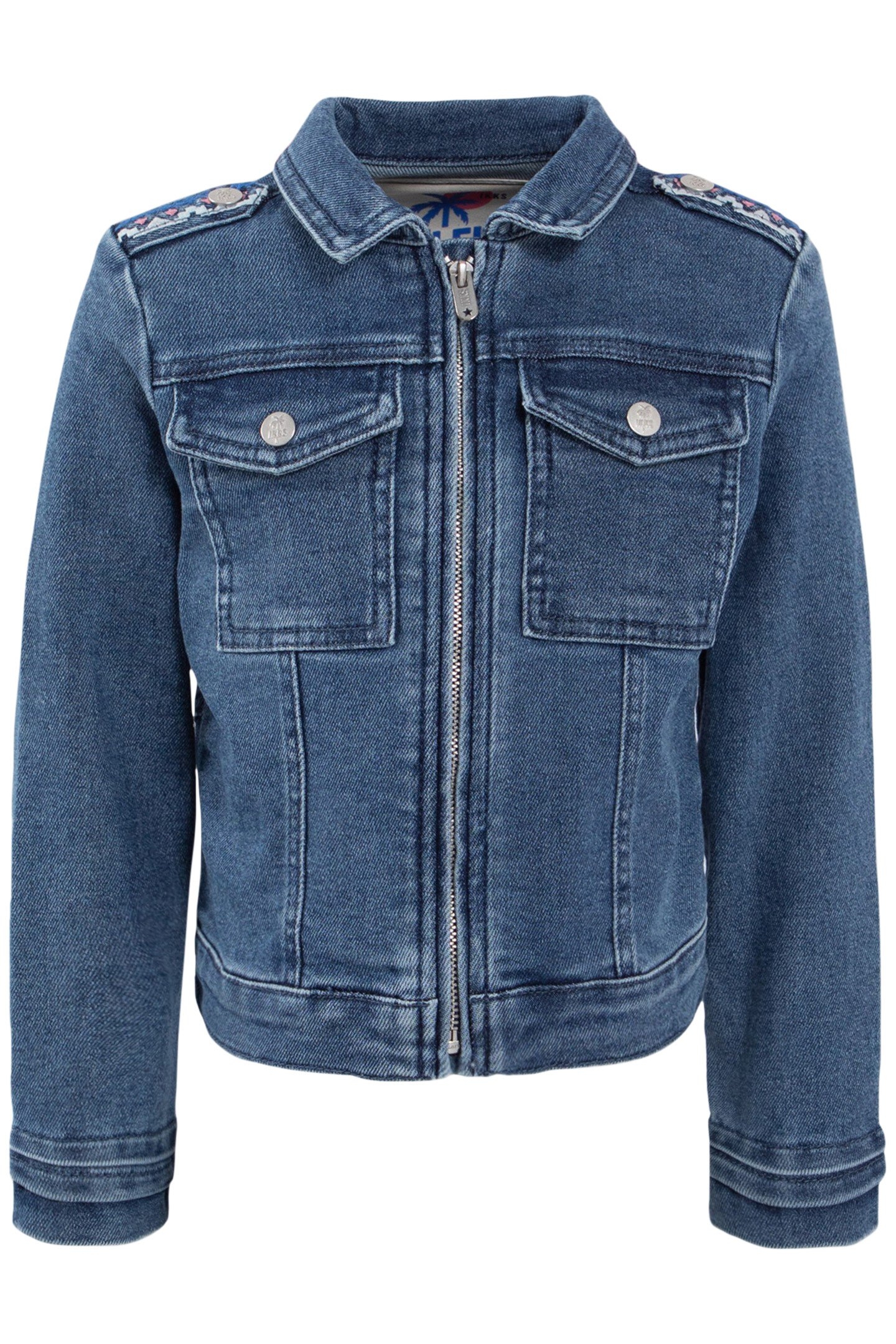 GIRLS' BLUE WATERLESS DENIM JACKET, XL EMBROIDERY ON BACK 1