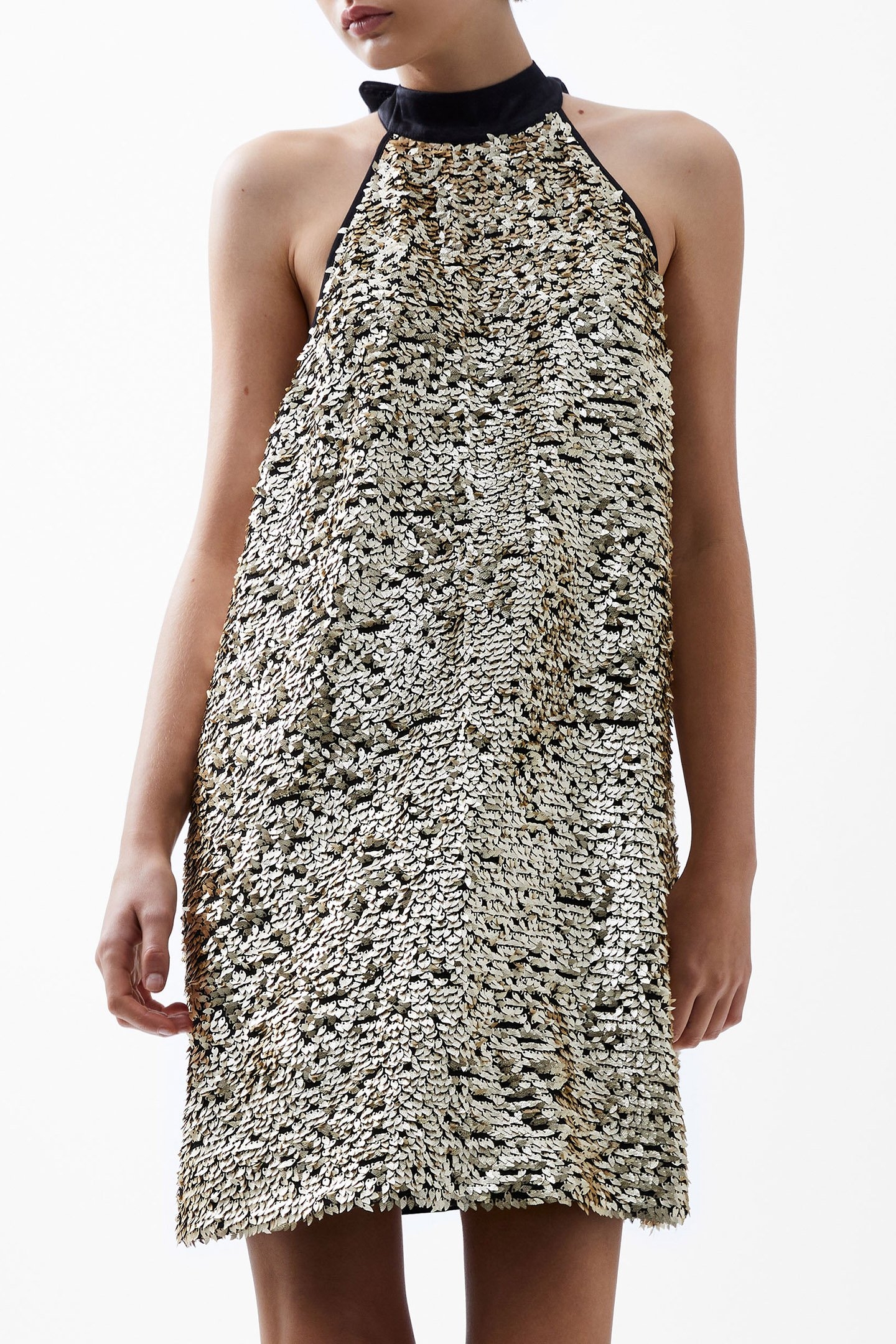 ELAH SEQUIN HALTER NECK DRESS METALLIC GOLD 1