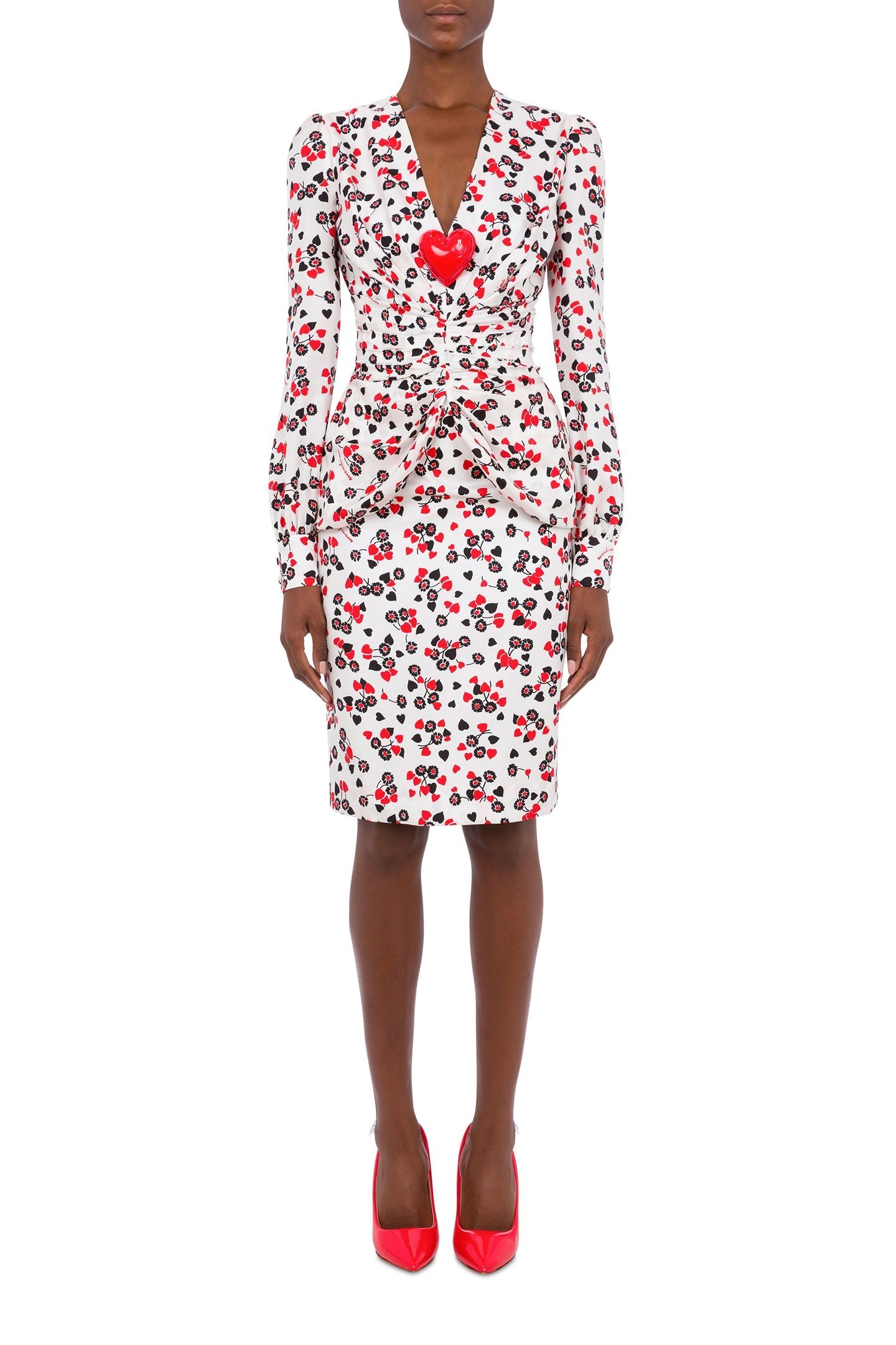 ALLOVER HEARTS SILK TWILL DRESS WHITE 1