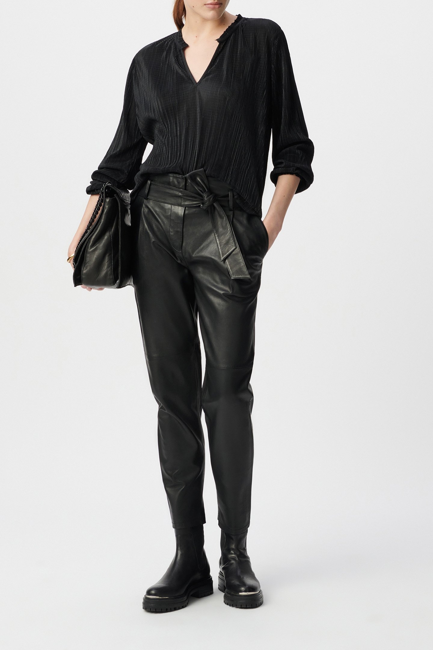 BLACK LAMBSKIN LEATHER HIGH.WAIST TROUSERS 4