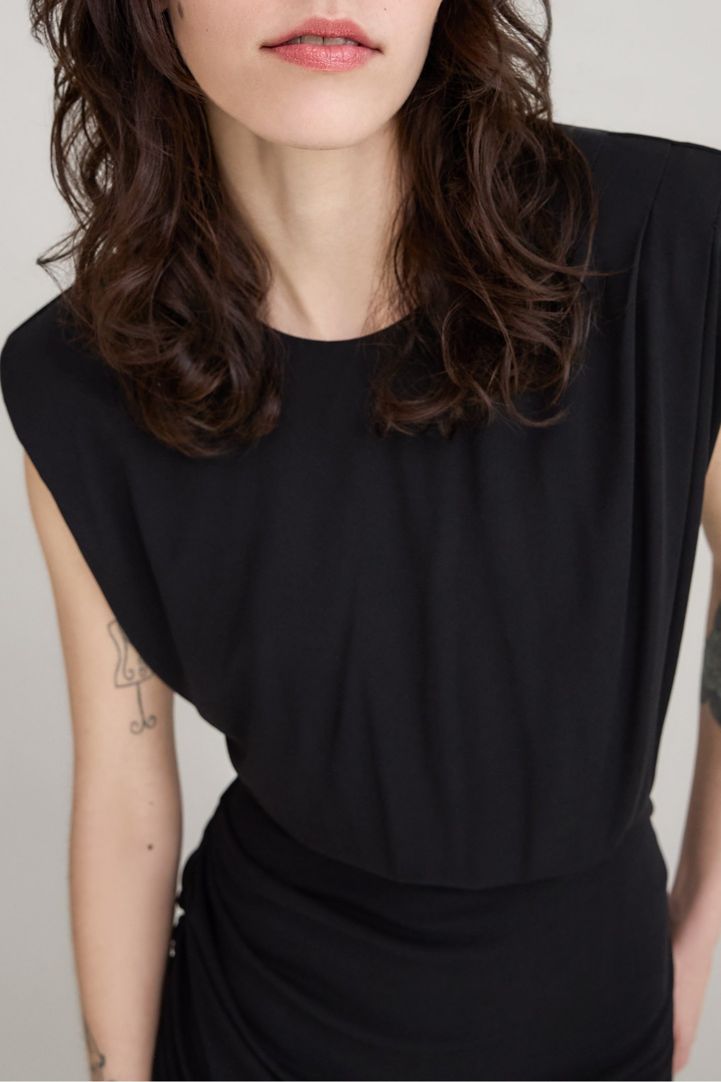 BLACK DRAPED DRESS WITH ASYMMETRICAL CUT-OUT 8