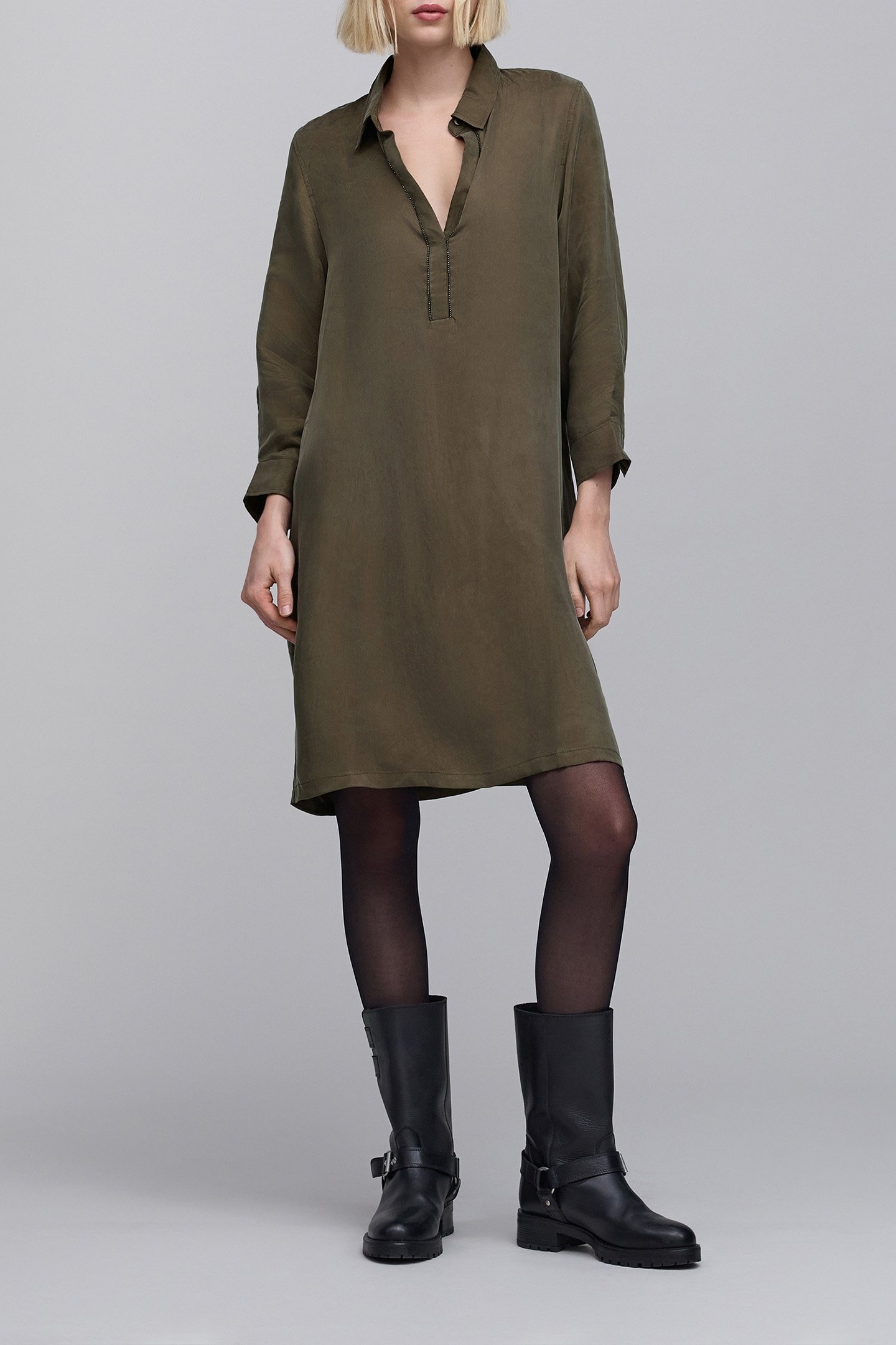 KHAKI MIDI SHIRT DRESS WITH JEWELS 3