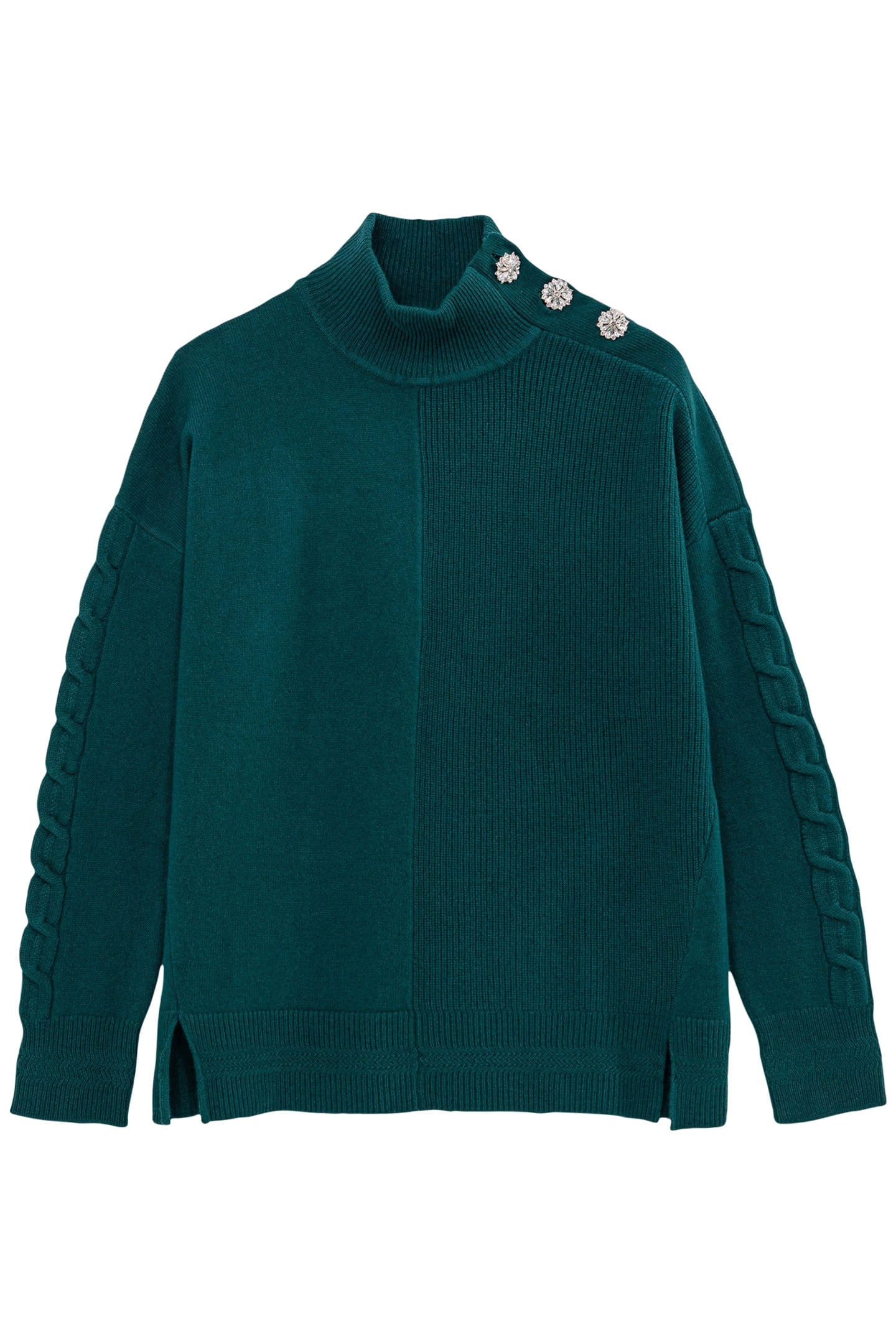 EMERALD KNIT SWEATER STAND-UP COLLAR RHINESTONE BUTTONS WOME 1