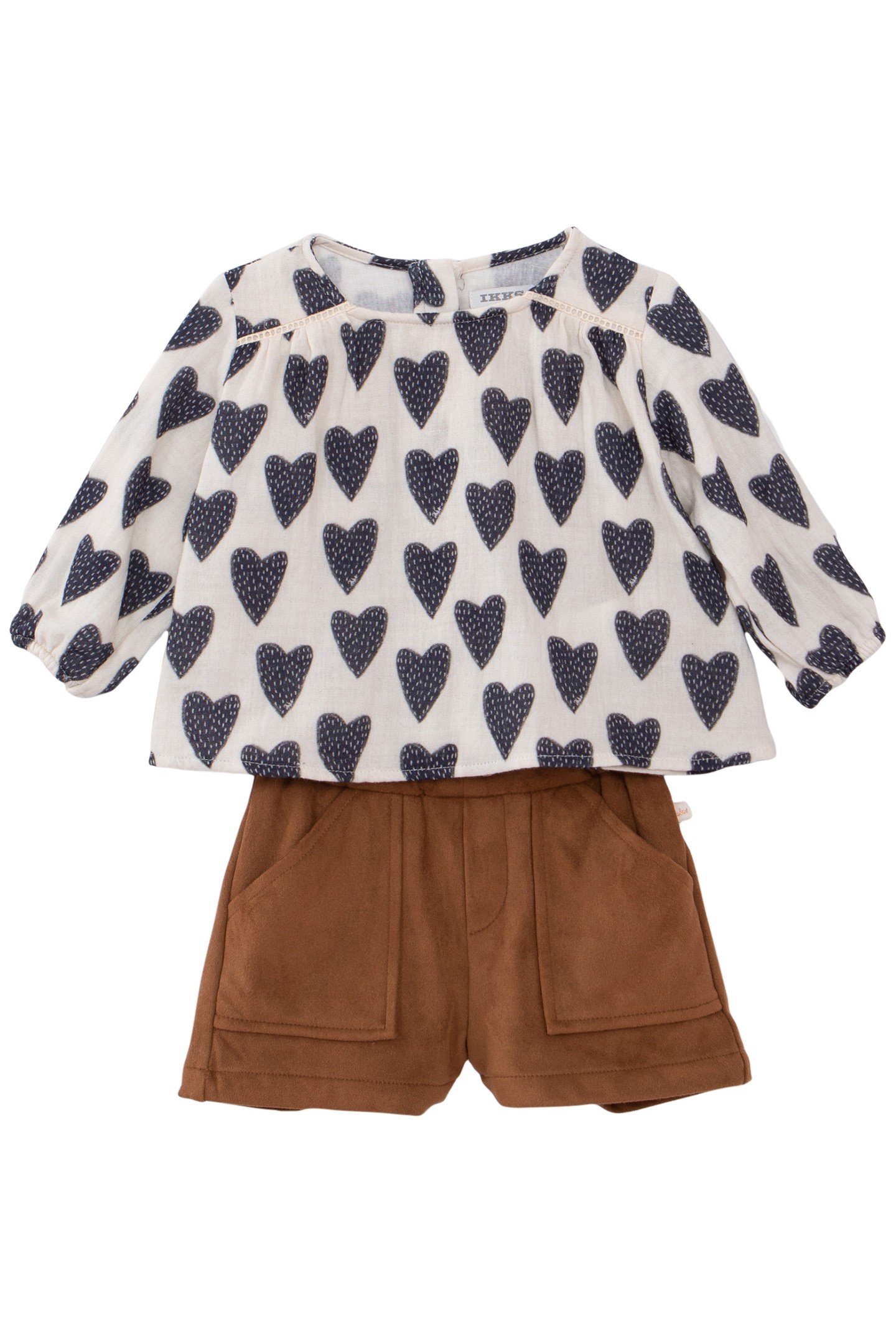 2-IN-1 BABY GIRL HEARTS BLOUSE AND CAMEL SHORTS SET 2