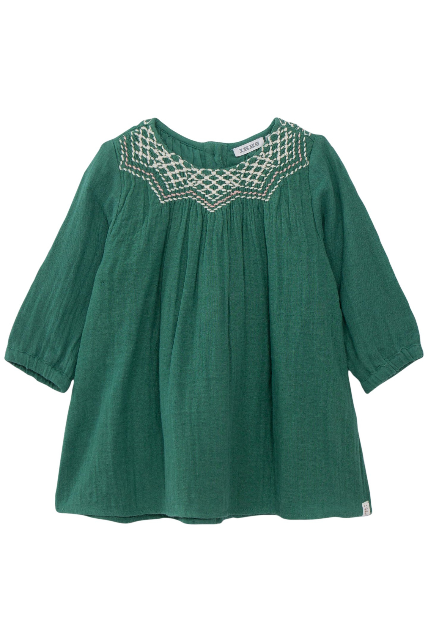 BABY GIRL GREEN DRESS WITH EMBROIDERED NECKLINE 1