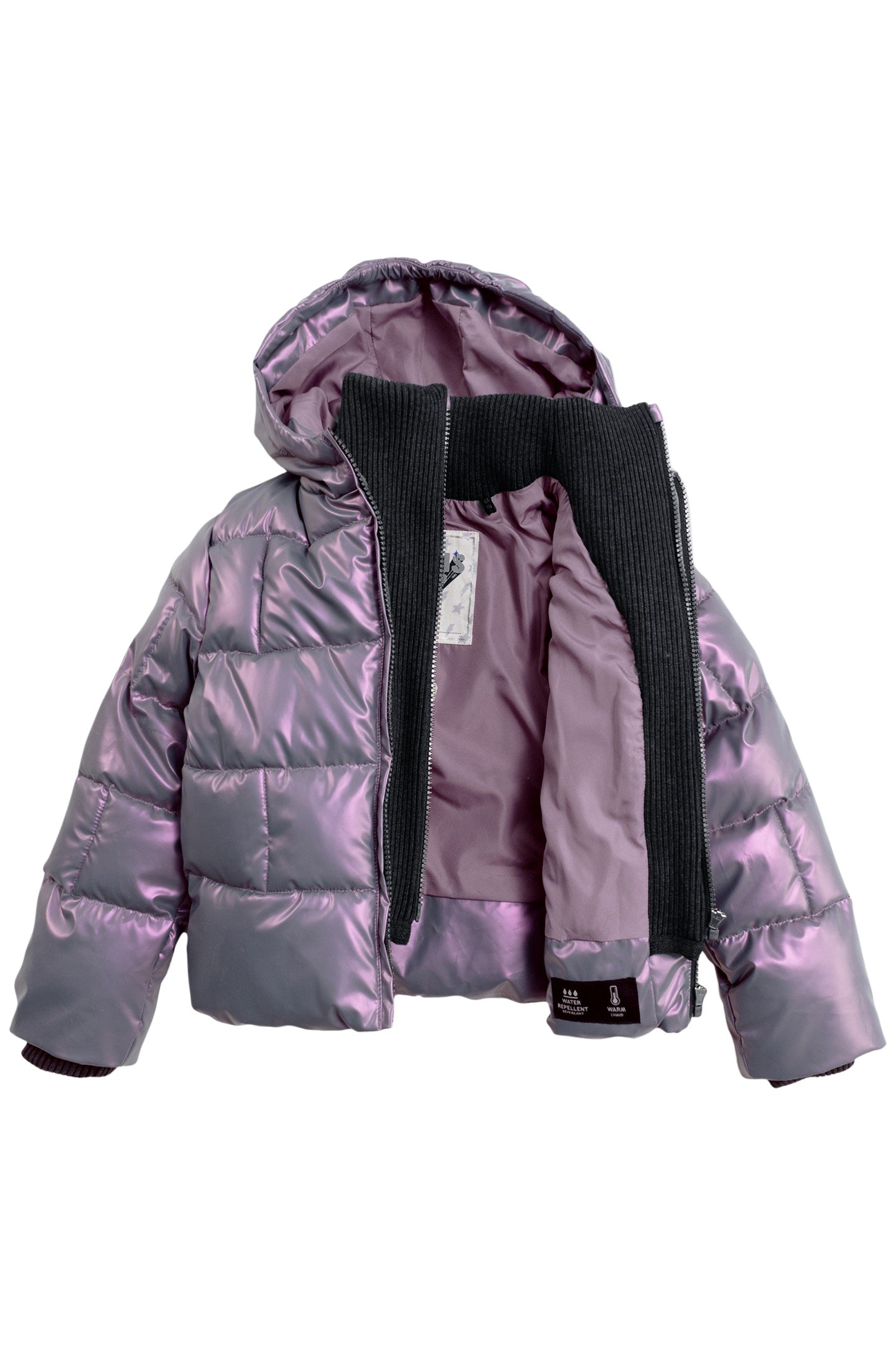 SHORT LILAC IRIDESCENT DOWN JACKET WITH GIRL'S TRIM 3