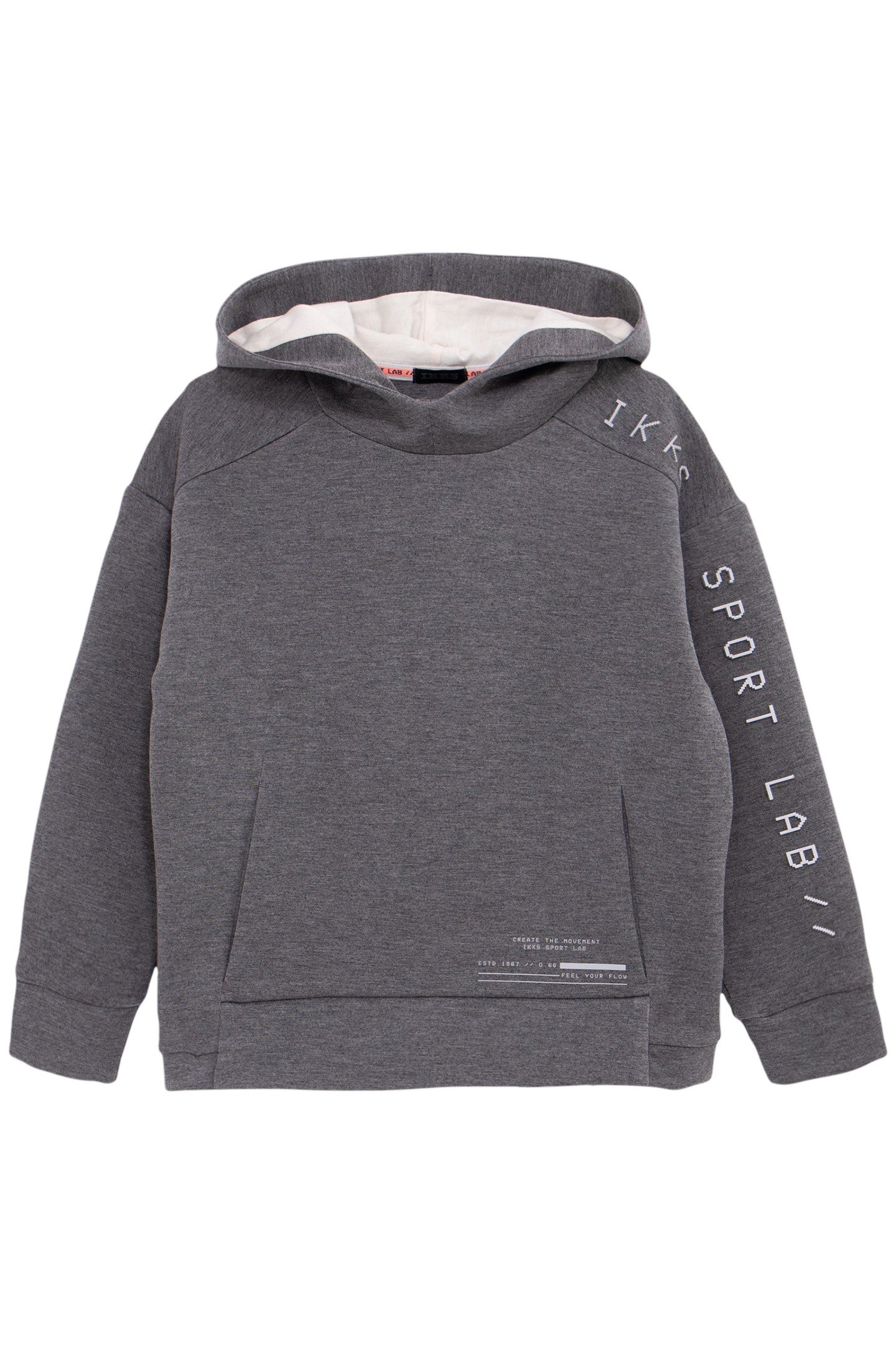 BOY'S GREY HOODIE, REFLECTIVE SLEEVES, EMBOSSED SLOGAN 1