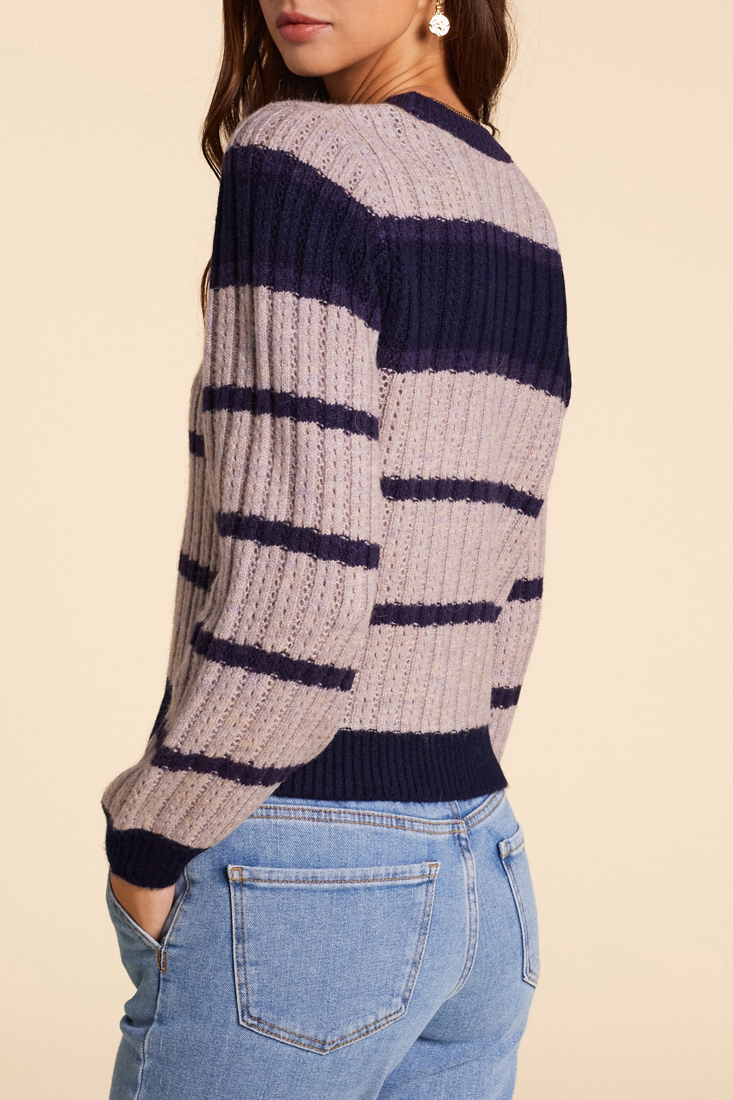 NAVY OPENWORK KNIT CARDIGAN WITH STRIPE PATTERN 2
