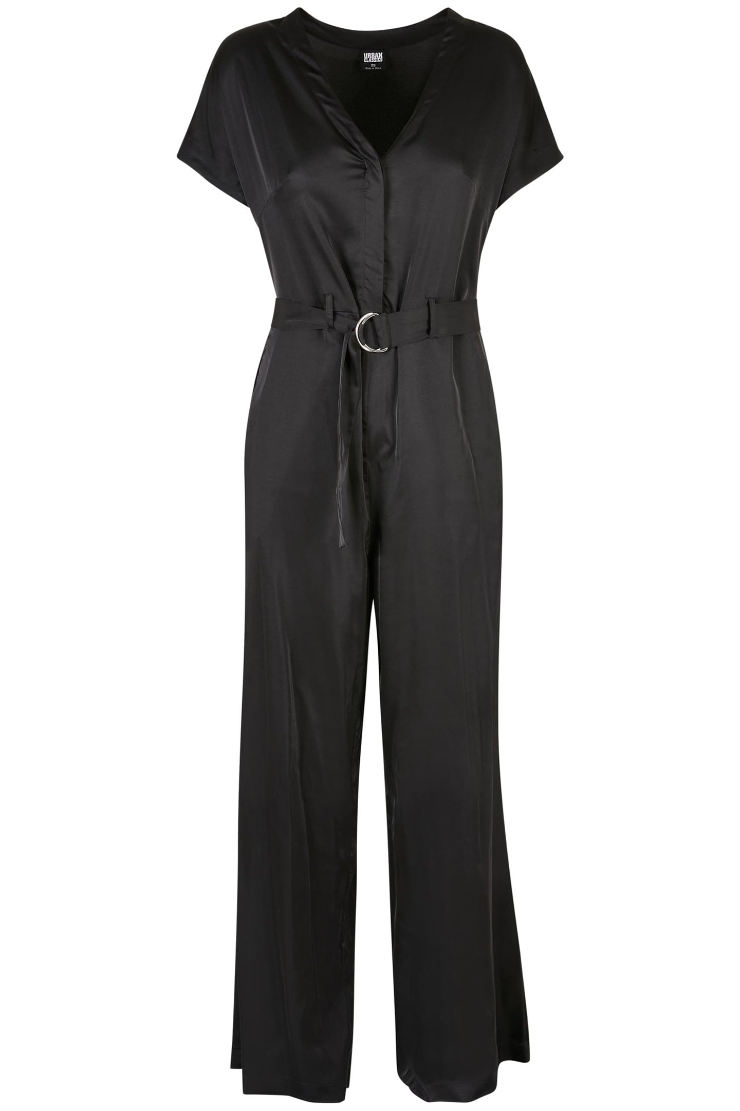 LADIES SATIN WIDE LEG BELT JUMPSUIT BLACK 1