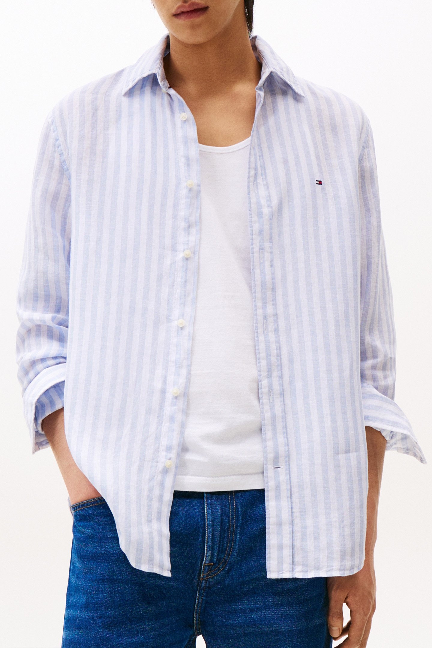 LINEN ESSENTIAL STRI BREEZY RELAXED FIT SHIRT WHITE 1