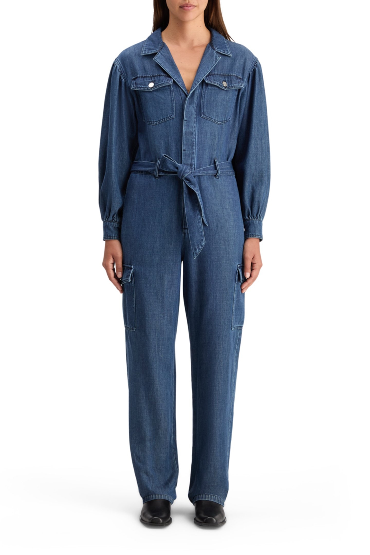LIGHTWEIGHT DENIM JUMPSUIT IN DARK WASH WITH TONAL DETAILING 1