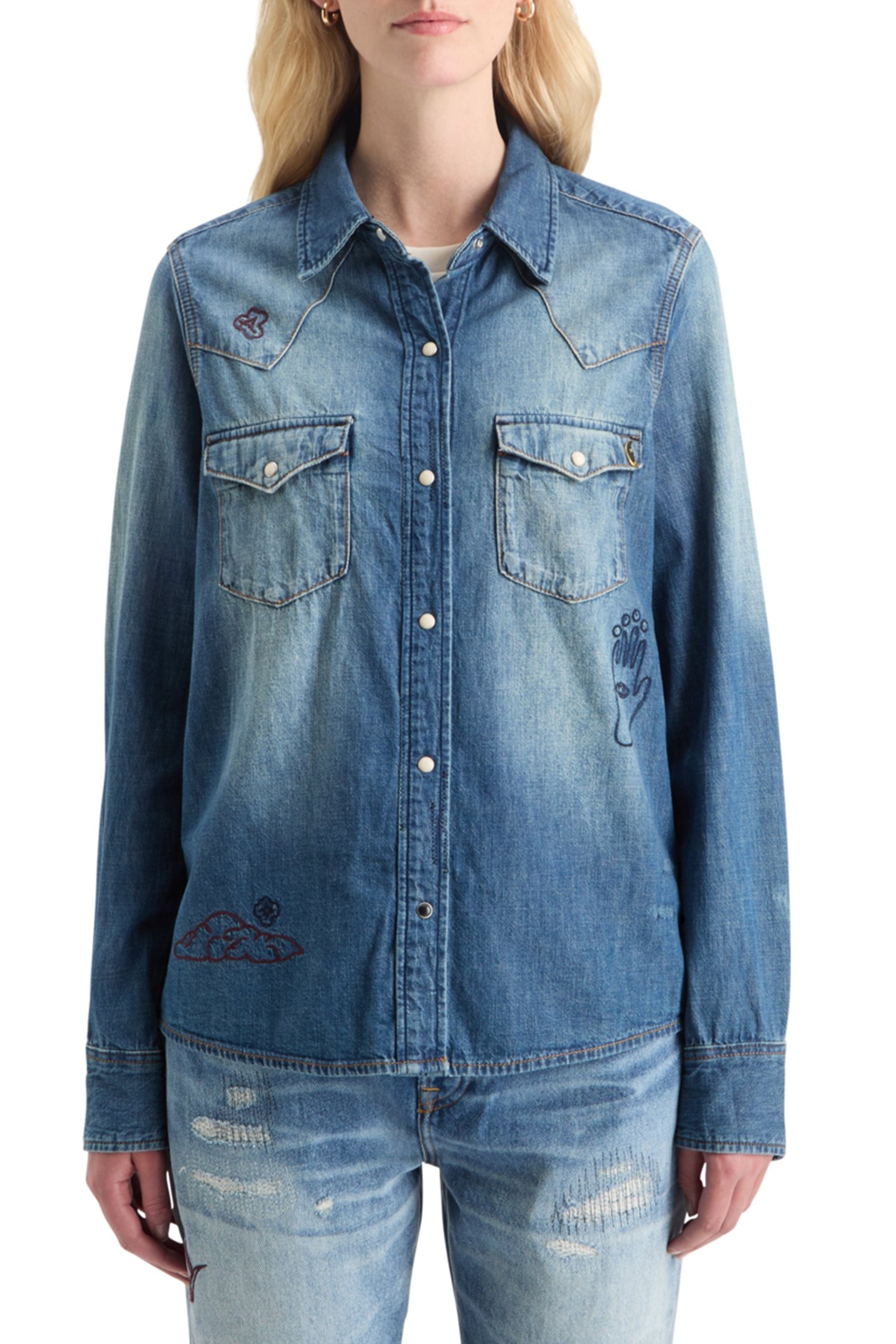 WASHED REGULAR FIT DENIM WESTERN SHIRT WITH EMBROIDERIES WAS 1