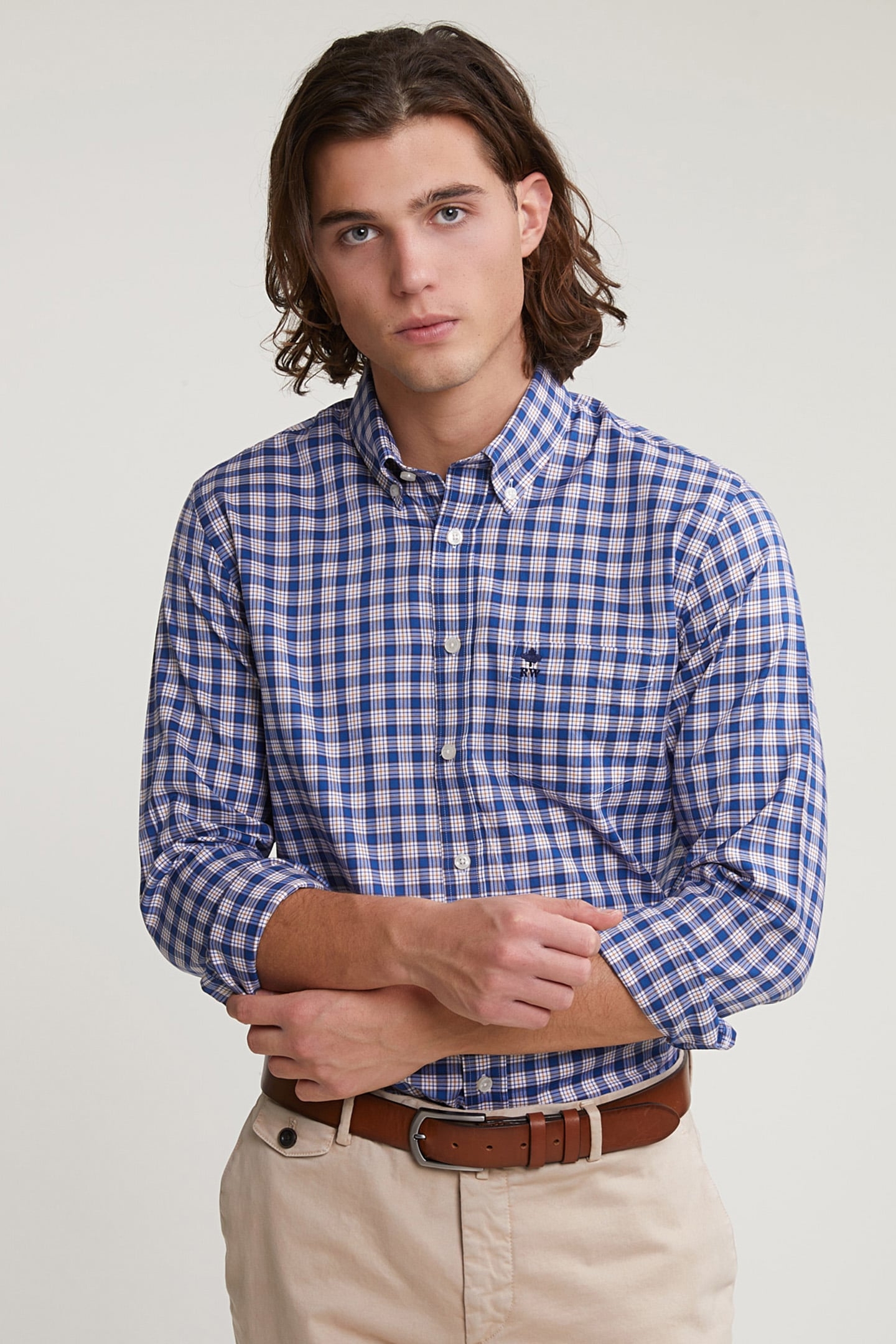 CUSTOM FIT CHECKED SHIRT WITH POCKET BLUE/ORANGE 1