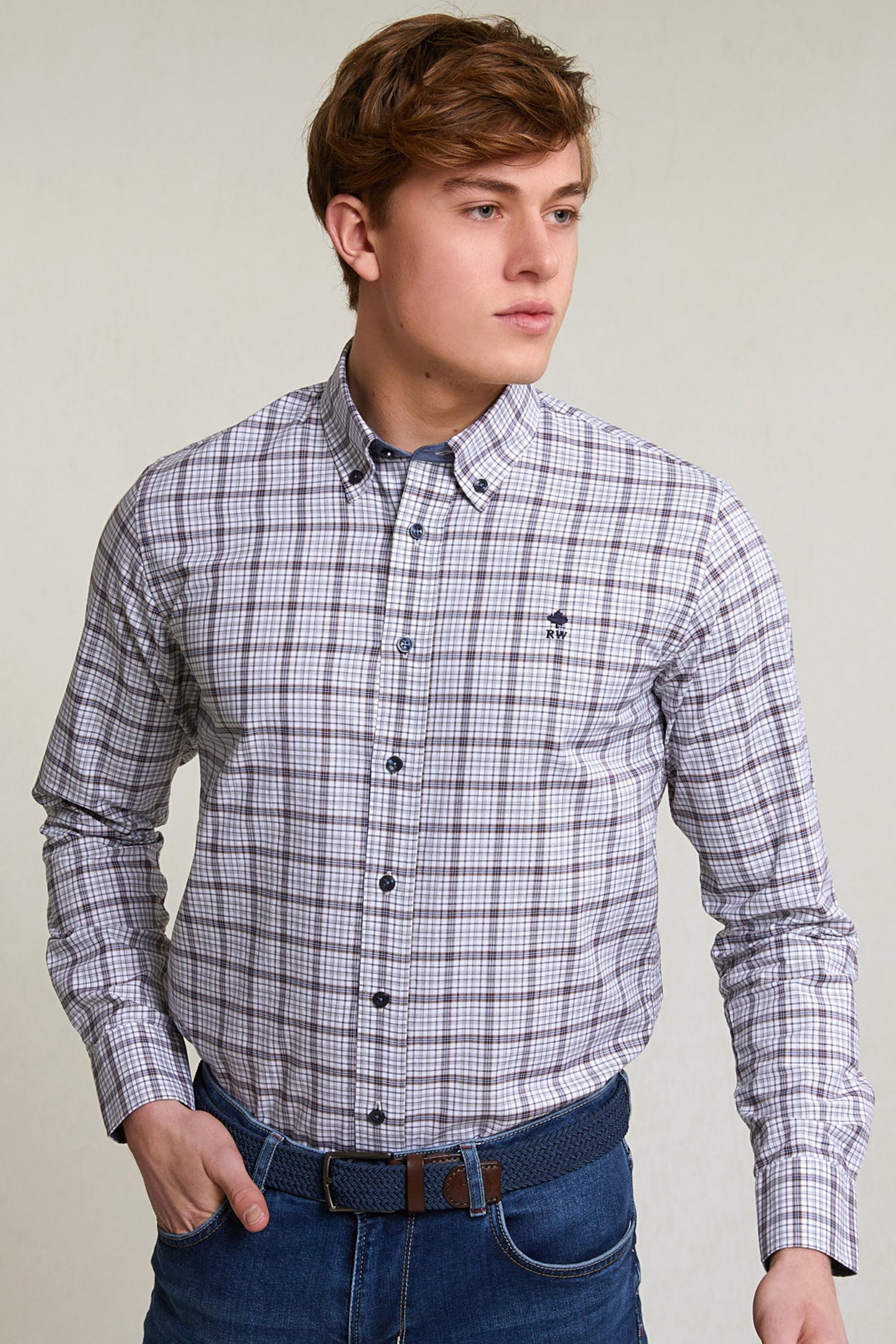 CUSTOM FIT CHECKED SHIRT WHITE/BROWN 1